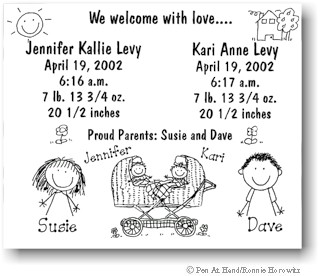 Pen At Hand Stick Figures - Birth Announcements - Twins Carriage (b/w)